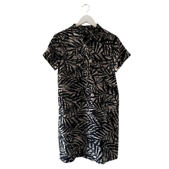 BANANA REPUBLIC BLACK & TAN PALM LEAF PRINT LINEN  VISCOSE SHIRT DRESS SZ 6 - Picture 1 of 12